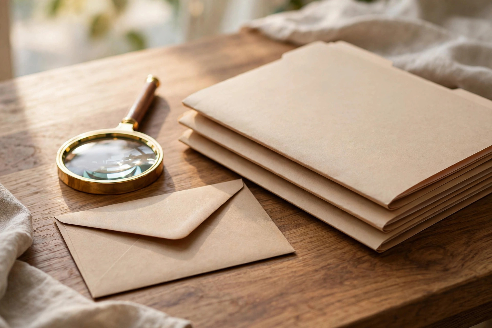A brass magnifying glass beside a stack of plain folders and an envelope on a wooden desk