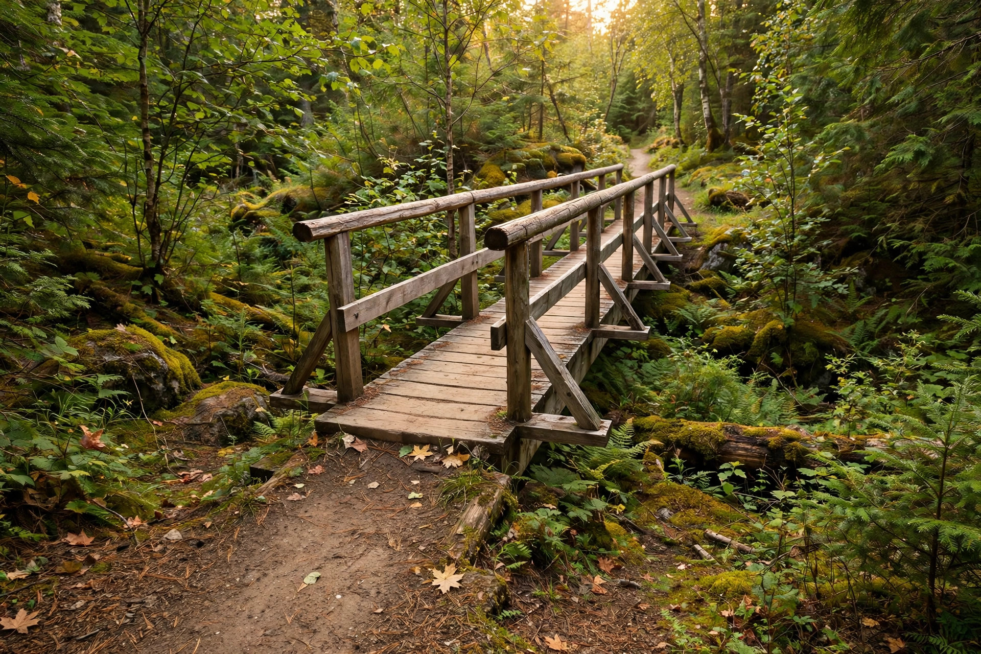 A wooden footbridge carrying a forest trail over a mossy gully, the path continuing on the far side