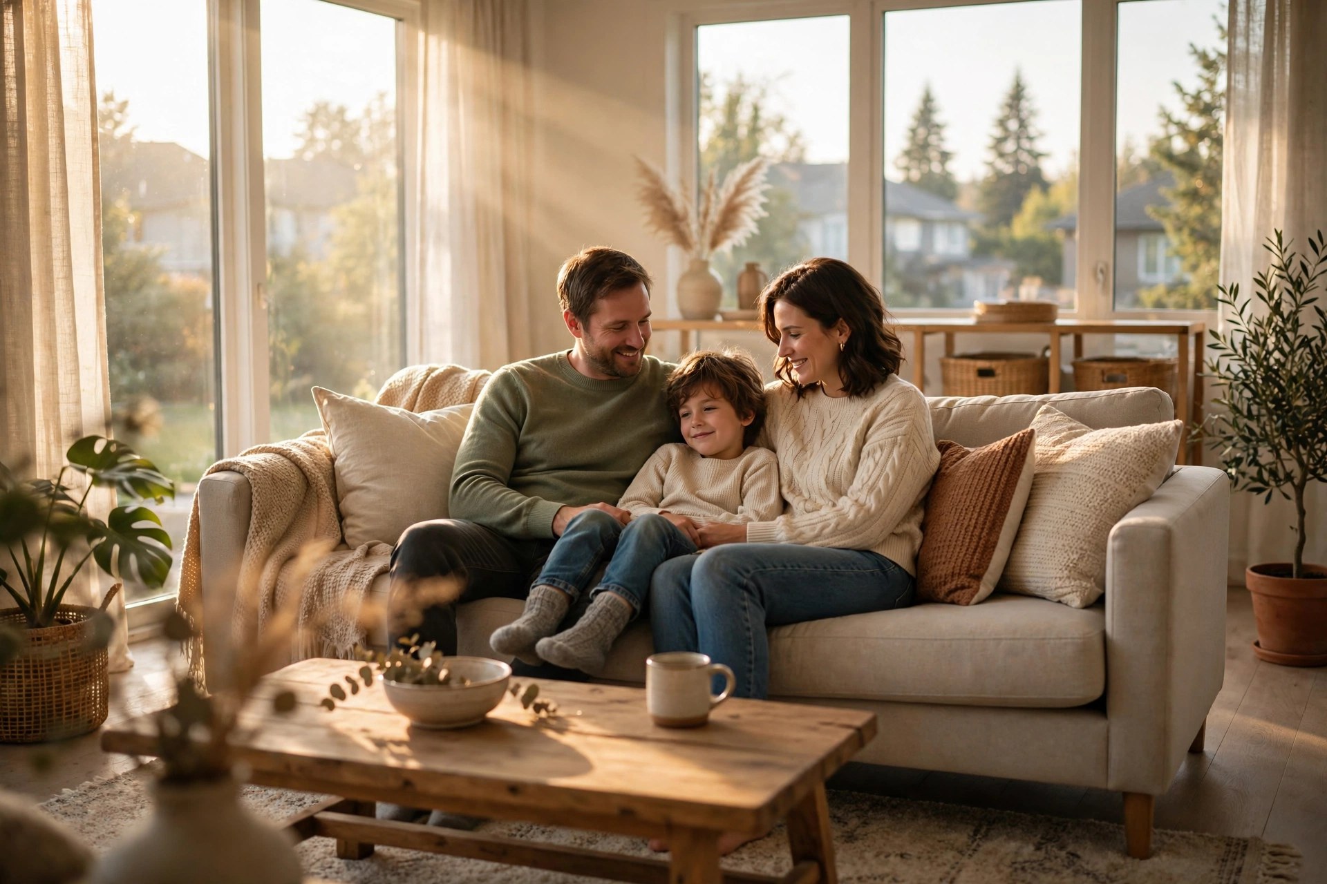 A Canadian family relaxing together in their living room in warm morning light