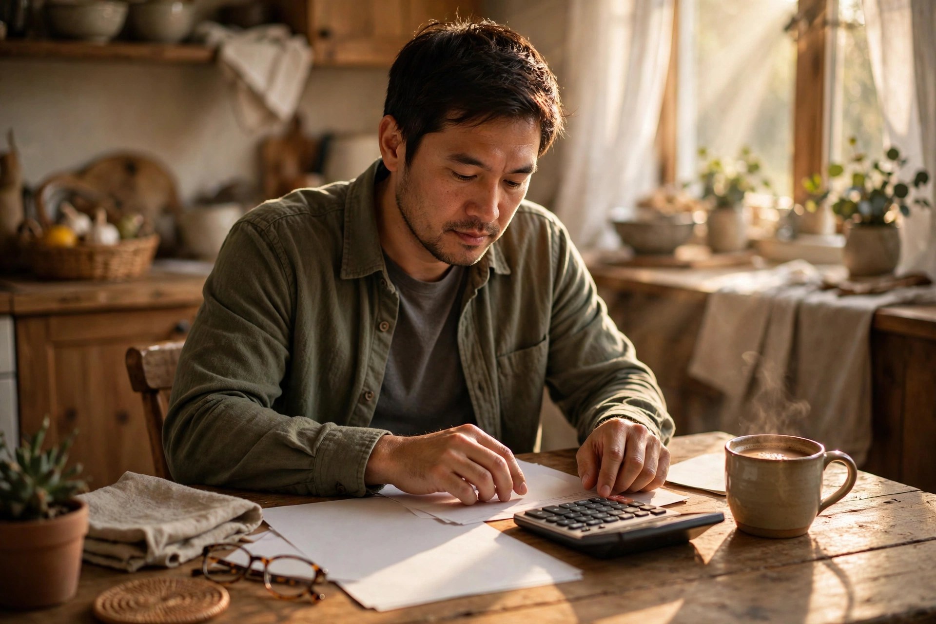A parent reviewing household paperwork at a kitchen table in warm afternoon light