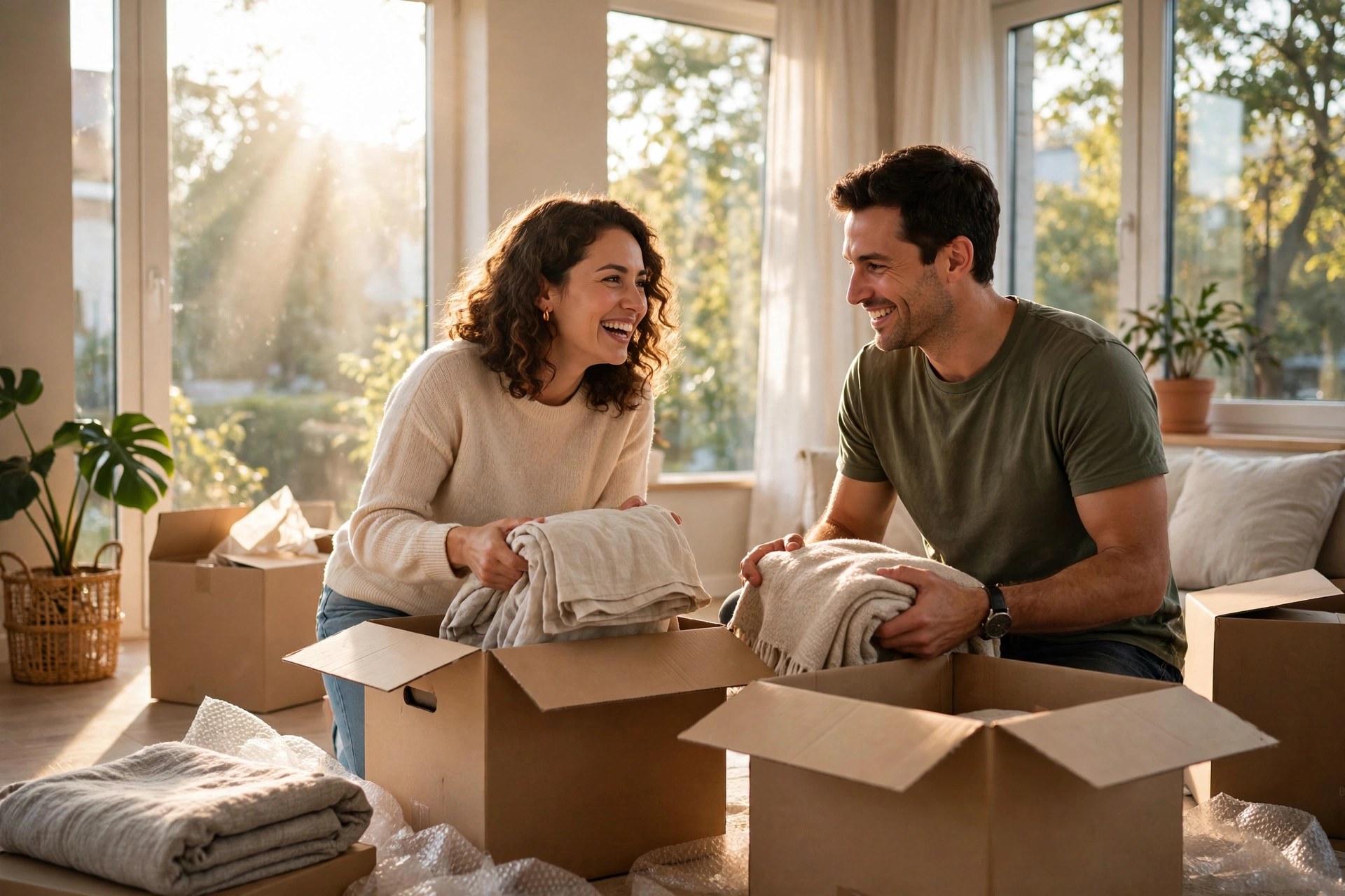 A couple unpacking moving boxes in their new home, sunlight streaming in