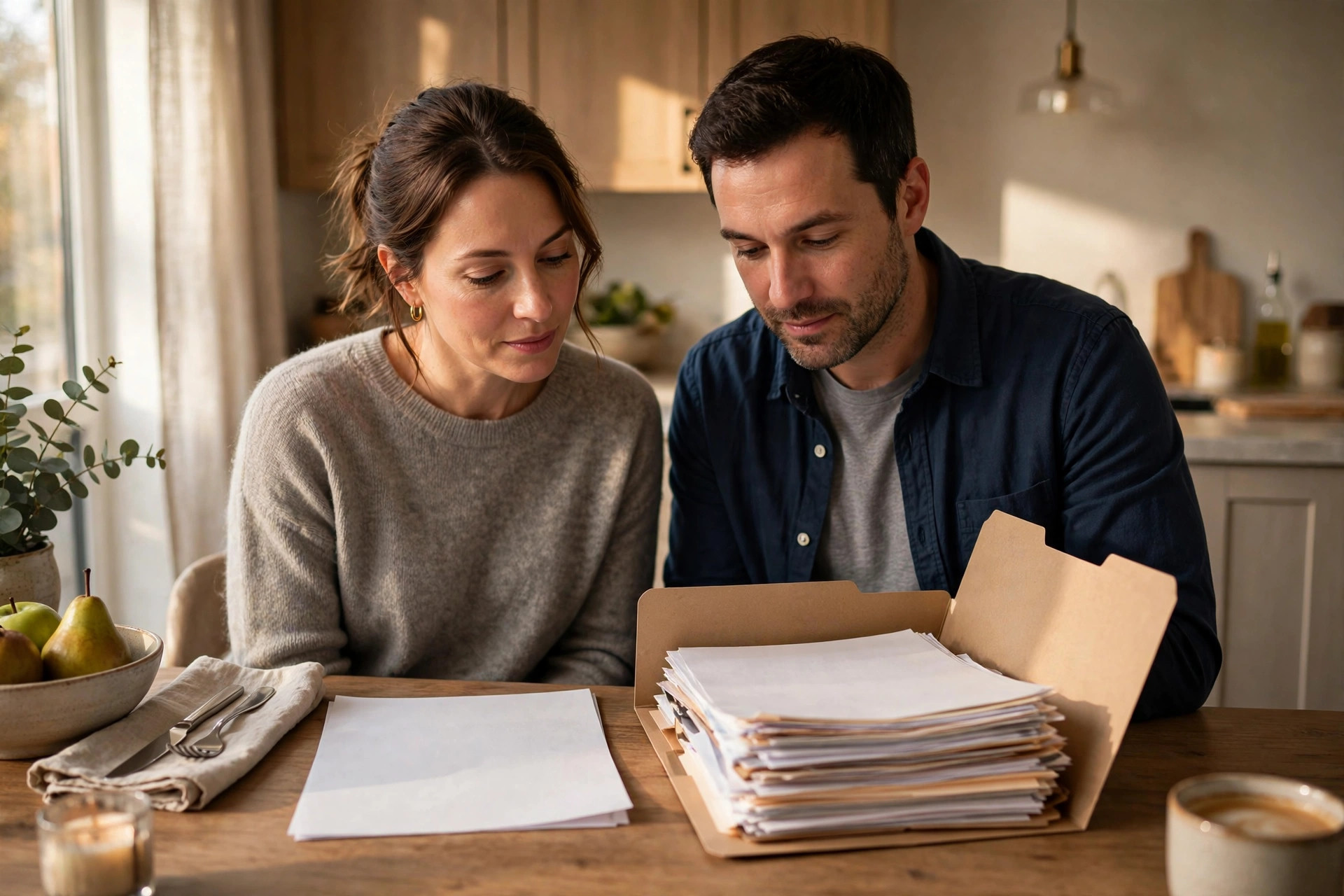 A couple at a kitchen table comparing a single sheet of paper with a thick folder of paperwork