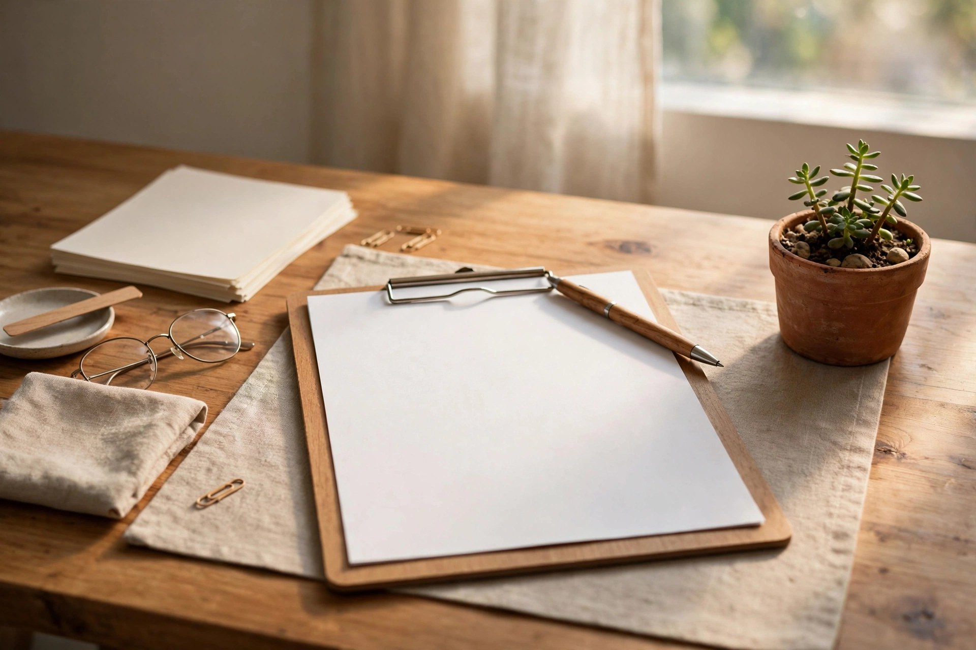 A clipboard with a blank application form and a pen on a wooden desk